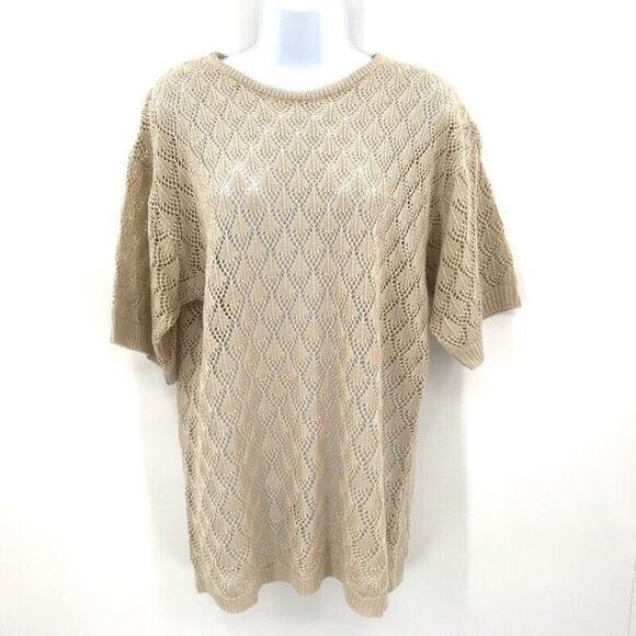 Vintage Campus Casuals‎ Pullover Sweater Womens Sz L Beige Short Sleeve Crochet - Picture 1 of 7